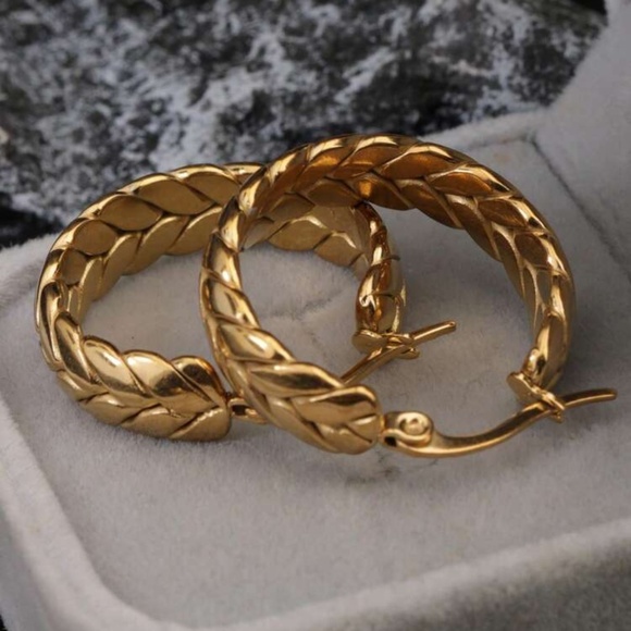 Gold Plated Stainless Steel Braided Hoop Earrings - Picture 2 of 3